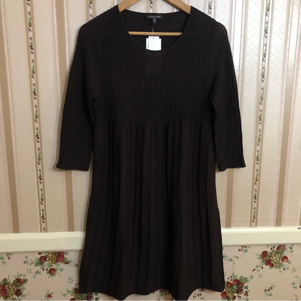Eileen Fisher Long Sleeve Wool Ribbed Pleated Short Dress